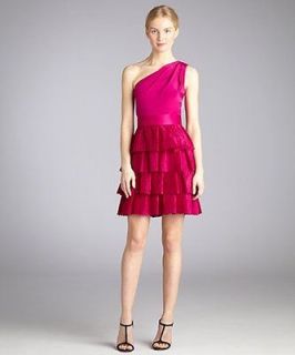 Notte by Marchesa lipstick tiered silk organza pleated one shoulder 