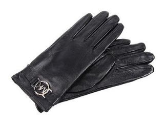 MICHAEL KORS Women Black Leather Gloves Silver Tone MK Circa Logo Sz 