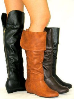 Tall Fold Over Flat Riding Boot Low Wedge Heel *Over Knee Thigh High*