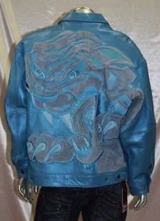 pelle pelle blue metallic genuine leather jacket expedited shipping 