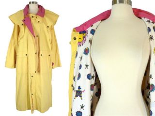 Vtg 80s Overland Outfitters Yellow Southwestern Print TRENCH Rain Coat 