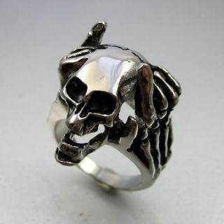 biker black silver stainless steel skull thinker mens ring size