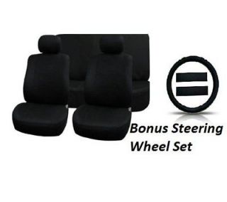 11pc SOLID BLACK Seat Covers FULL INTERIOR SET BONUS Steering Wheel 