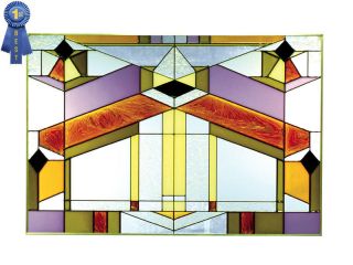 Art Deco Geometric Stained Art Glass Window Panel Hand Painted 20.5 x 