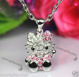 Mini 3D Hello Kitty Silver Necklace Crystal Bling Rhinestone Say HI 