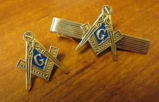 Masonic square & compass Tie clasp & lapel pin set Nice gift for any 
