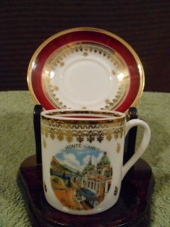   Cup & Saucer Set   Monaco Porcelaines DArt Monte Carlo Scene Red Gold