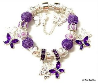 Purple Crystal Butterfly Child Girls Kids Bead Charm European Bracelet