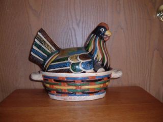 large vintage colorful pottery covered rooster dish 