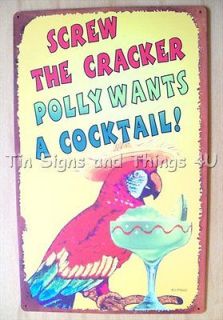 Screw the Cracker Polly Cocktail TIN SIGN vtg hawaiian tiki bar parrot 