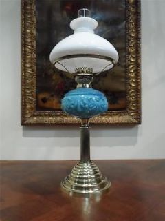   ANTIQUE VICTORIAN (1850) PASTEL BLUE GLASS & BRASS COLUMN OIL LAMP