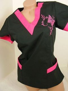 New Nursing Scrub Black Pink Embroidery Butterfly Top L (10 12)