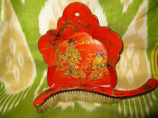 ANTIQUE FRENCH PAPIER MACHE CHINOISERIE MINI CRUMB TRAY SET WITH BRUSH 