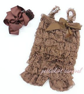 Baby Girls Brown Lace Petti Posh Rompers Straps Huge Bow Headband 2pc 