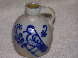   Brothers Pottery Crock Jug Cobalt Blue Bird Loop Handle 4 1/2 Tall