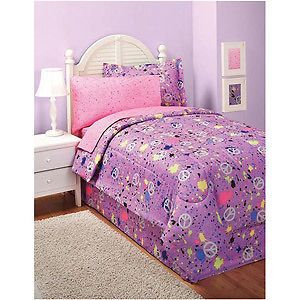 FULL SIZE PEACE SIGN PURPLE BED IN A BAG COMFORTER BED SET NEW