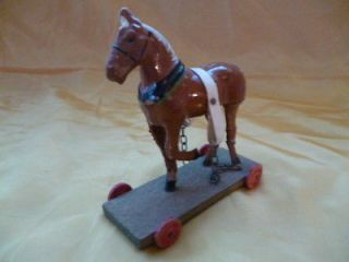 old Vinatage very early Erzgebirge Horse on wheels, Paper Mache + wood 