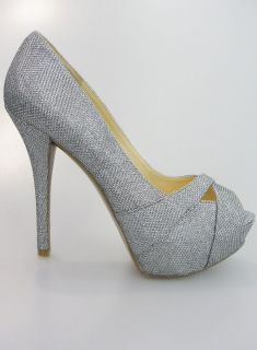 nib guess isila3 open toe pump in silver fabric expedited