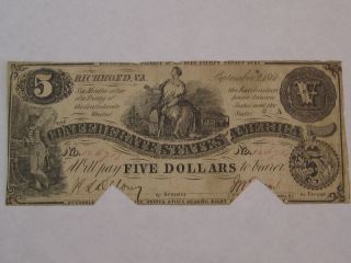 1861 $ 5 five dollar confederate note richmond va  75 00 or 