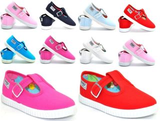   KIDS FLOSSY BUCKLES CANVAS PLIMSOLLS TODDLERS PUMPS SHOES SIZE 3 9