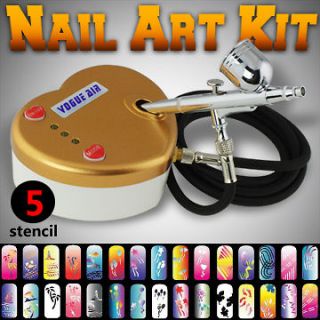 New Nail Art Kit Dual Action Airbrush Air Compressor w/ 5 Stencil 