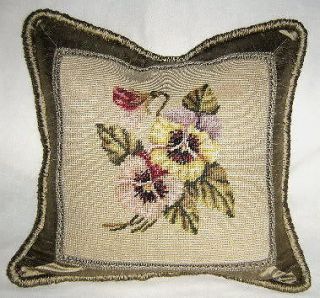 vintage needlepoint pillow w silk pansies  125
