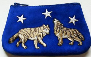 SUEDE & LEATHER COIN PURSE, Two Wolves at Twilight on BLUE, Handmade 
