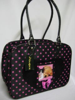 Pet Dog Cat CARRIER Black w/ Pink Polka Dots Travel Totes 16x12x8 Bags 