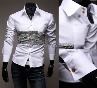 JJ Mens Fashion Slim Dress Shirt Tops Long Sleeve White Zebra Striped 