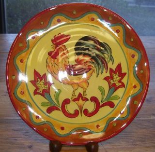 Maxcera Talavera Provence Rooster Salad Plate Yellow Red Trim Plumes