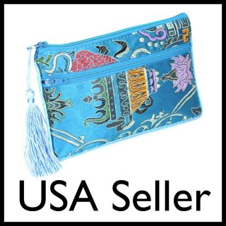 SILK WALLET Zipper Coin Purse Fabric Pouch Bag Case Turquoise Android 