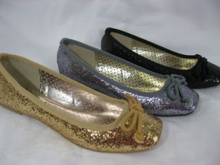 Rascal Sparkly Glitter Ballerina Pumps 3 4 5 6 7 8 Gold Pewter Silver 
