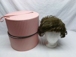 Vtg Retro Pink Hat Wig Box Round Travel Train Case Luggage w Eva Gabor 