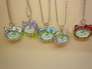   Kitty Czech Stones Crystal Necklace Pendant Pocket Watch & Gift Box