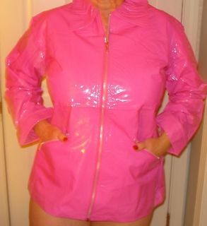 Nice Womans Fuchsia 100% Vinyl Raincoat with Zipper Front & Pockets 