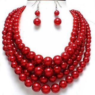   Multi Layered RED PEARL Earring Necklace Set Costume Jewelry 21L