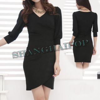 Neck Wrap Dress Ruched Gathered Puff Short Sleeve Bodycon Tight Sexy 