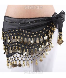 Turkish 3 Rows Chiffon Dangling Gold Coins Belly Dance Hip Scarf 