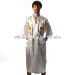 Mens Chinese Dragon Bathrobe Gown Robe Sleepwear Pajamas White One 