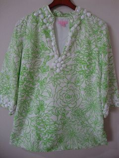 Lilly Pulitzer Newbury Green Floral Beaded Tunic Top Womens 8 Lined 