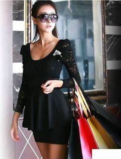 New Korea Women Black Long Sleeve Lace Clubbing Party Night Mini Dress 