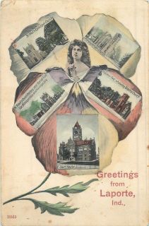 1909 Vintage postcard Flower Multiview Greetings from LAPORTE Indiana