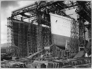   TITANIC   view of bows in shipyard construction scaffolding,1909 1911