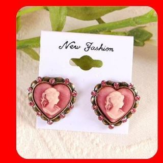 Pink Heart Vintage Antique Style Crystal Stud CAMEO Earrings m6