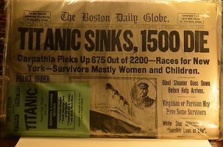 Reprint of Boston Daily Globe Newspaper 4/16/1912 Titanic Sinks,1500 