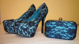 turquoise black lace shoe and bag set turquoise black lace