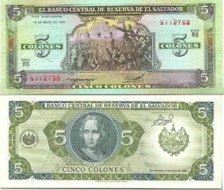 el salvador banknote 5 colones pick 138 1990 unc from