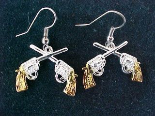 western pistols guns crossed silver gold dangle earrings time left