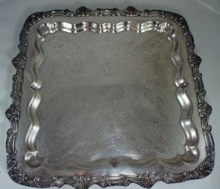  SILVER ON COPPER PLATED FOOTED SERVING TRAY RARE SQUARE,SHELL PATTERN