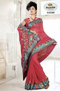 Fancy Designer Indian Red Georgette Saree Sari with Unstitched blouse